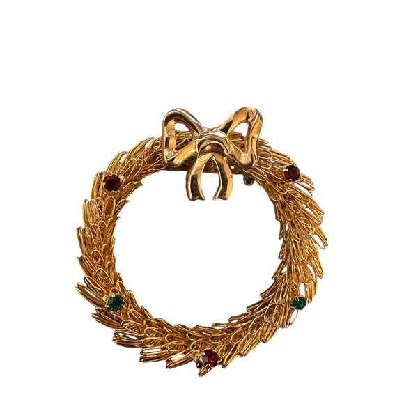 Vintage Gold Tone Wreath Brooch Bow Red Green Rhinestones Christmas Jewelry - Picture 9 of 12